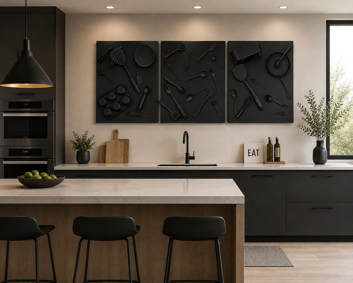 Chef's Kiss - Modern Black handcrafted Kitchen Wall Art Set | 3D Utensil Canvas Panels. &nbsp;1 - 3 Panel Set. (24x20”)